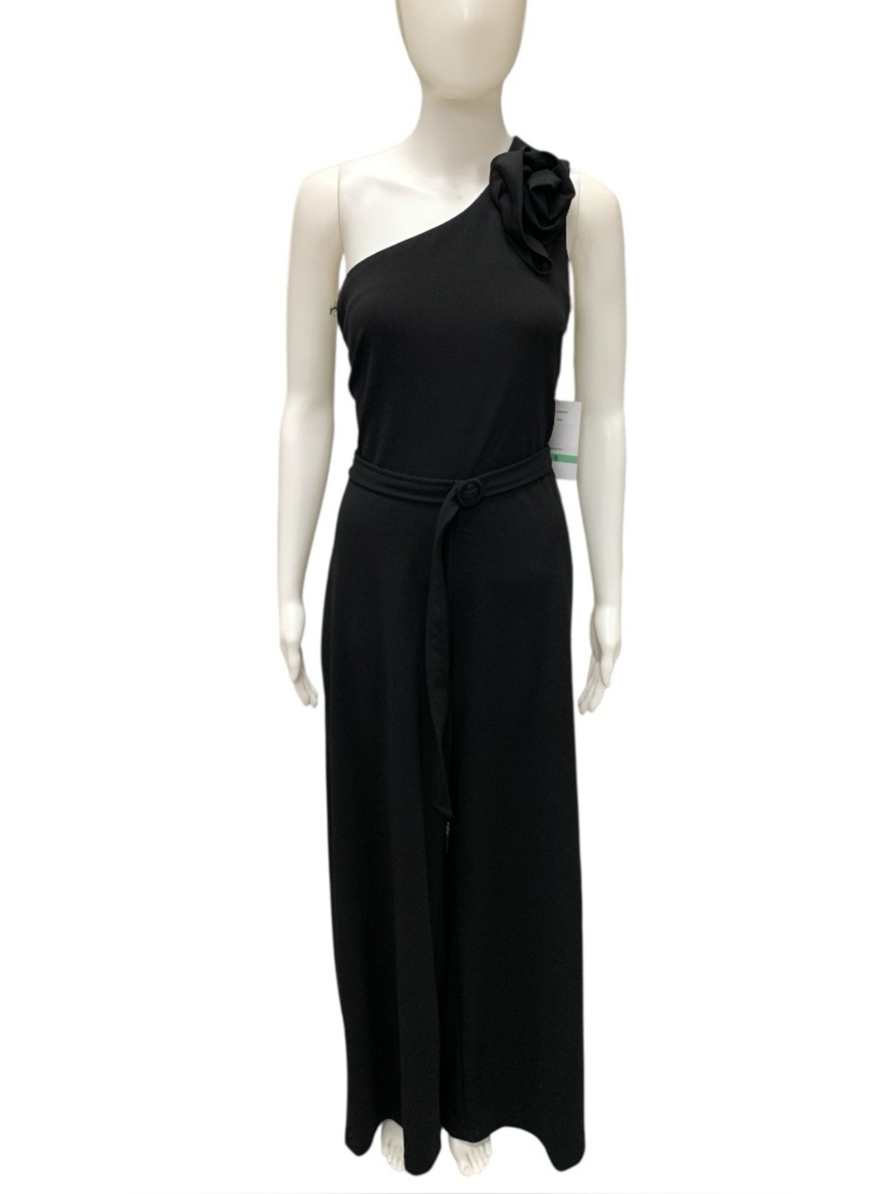 Maison Tara NWT One-Shoulder Black Maxi Dress with Rosette Shoulder Size M